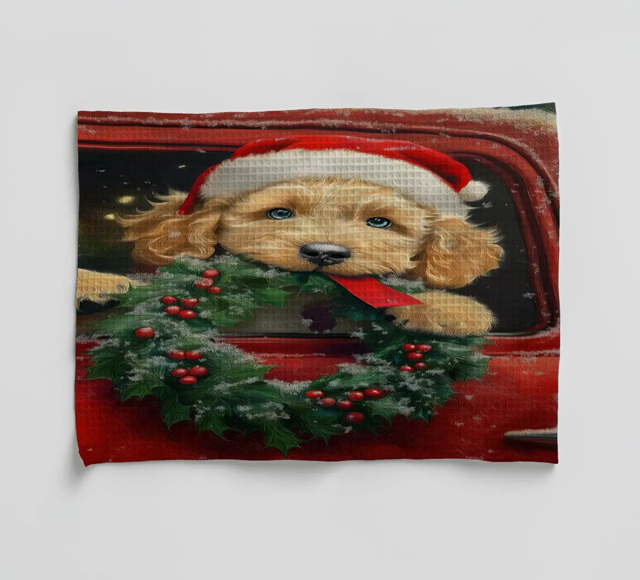 Stampa d'arte di un cucciolo di Natale in un camion canovaccio da cucina da Cozy Vibes
