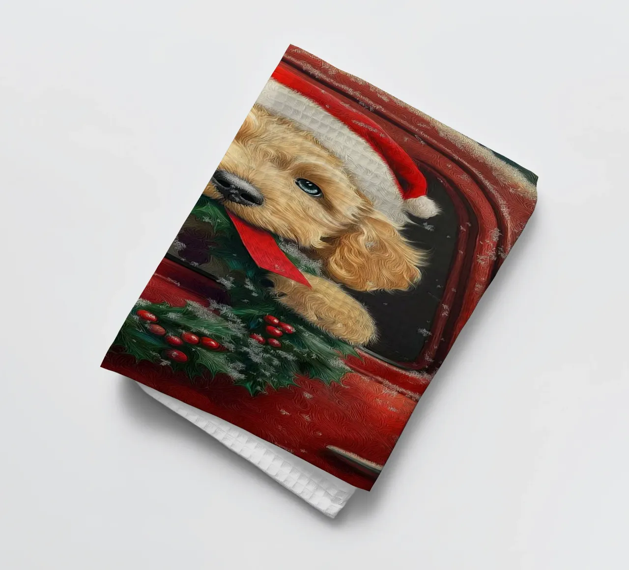 Stampa d'arte di un cucciolo di Natale in un camion canovaccio da cucina da Cozy Vibes