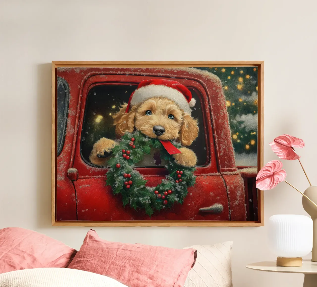 Kerst puppy in vrachtwagen kunstdruk canvas van Cozy Vibes