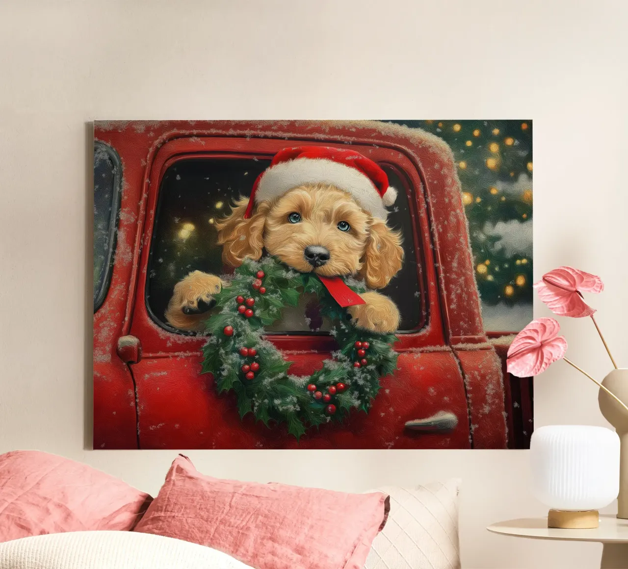 Kerst puppy in vrachtwagen kunstdruk canvas van Cozy Vibes