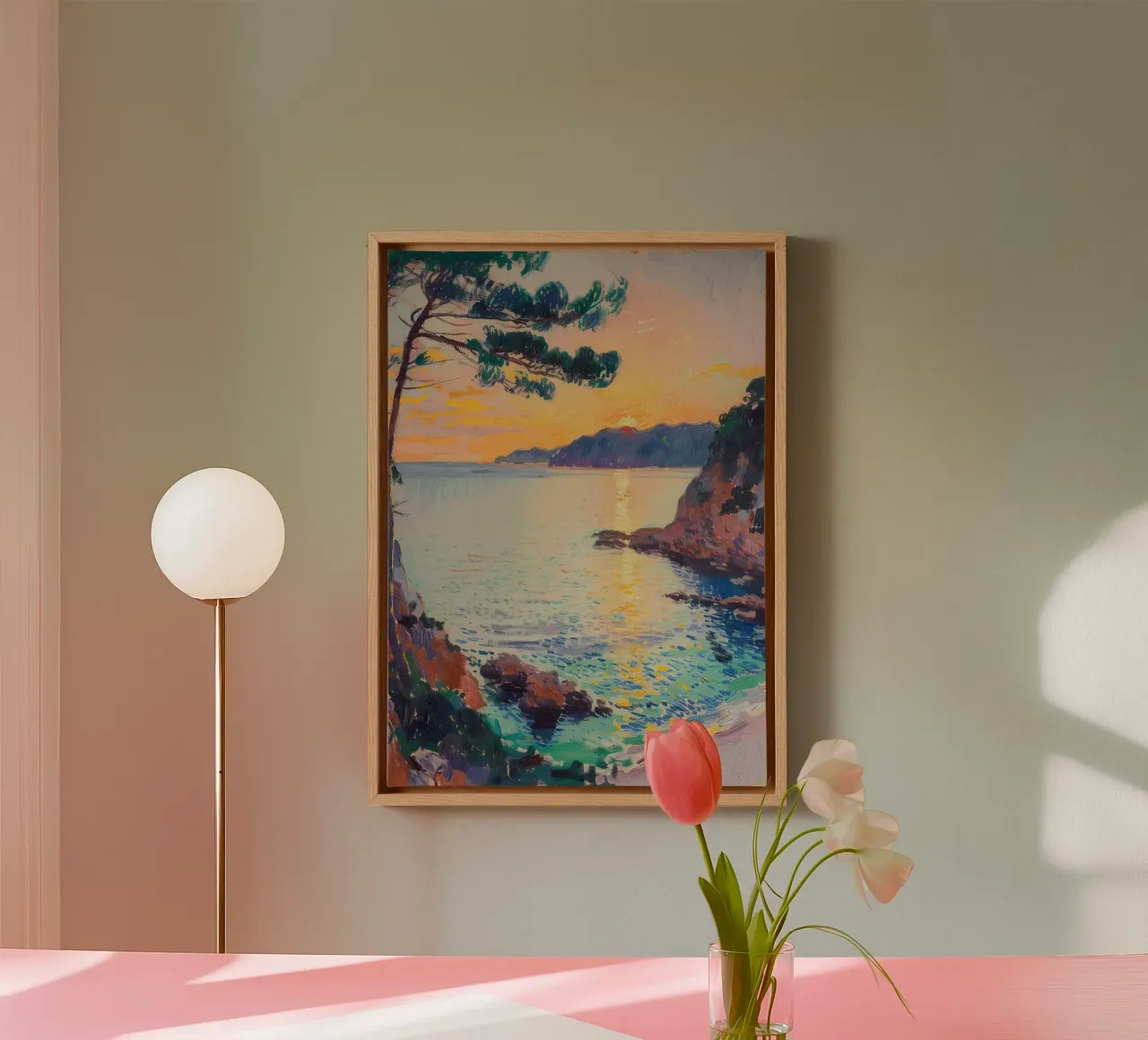 zee strand Côte d'Azur Frankrijk kust zonsondergang canvas van Euphoria Theresa