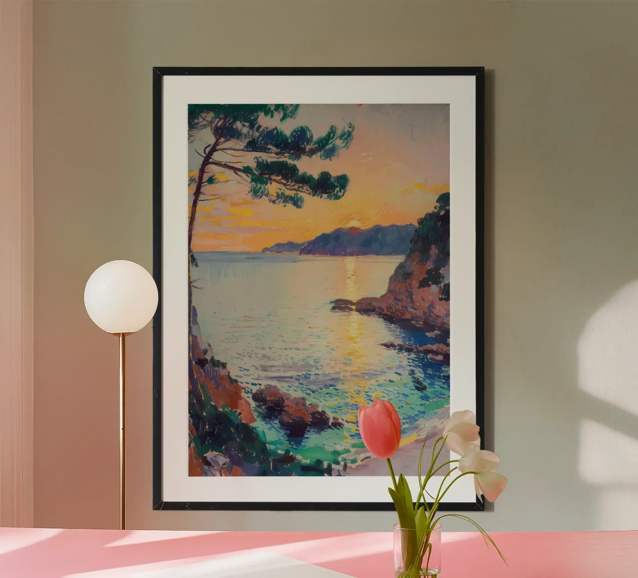 mare spiaggia Costa Azzurra Francia costa tramonto poster con telaio in alluminio da Euphoria Theresa