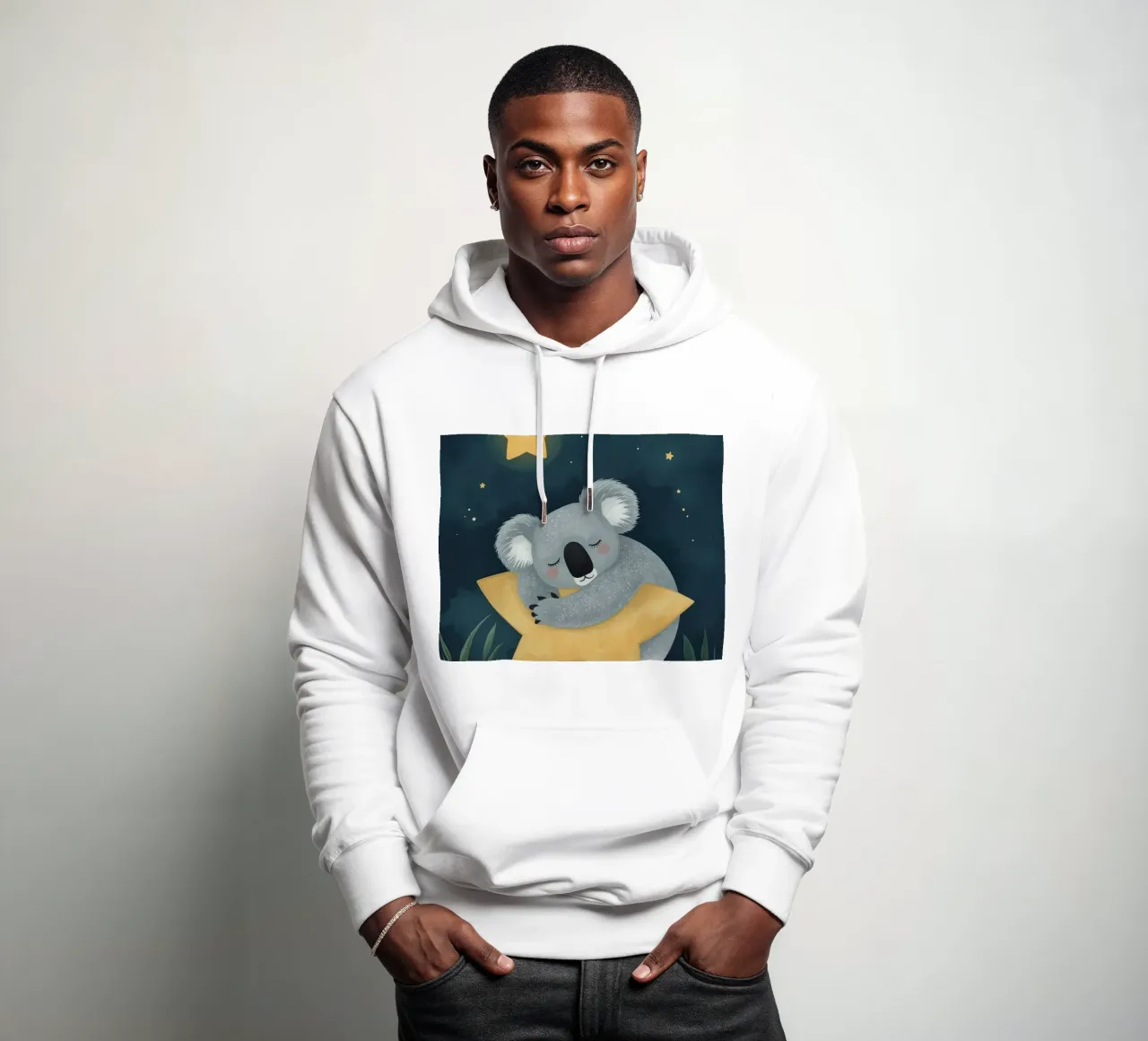 Koala addormentato e carino che abbraccia una stella di notte felpa con cappuccio da DesignDoodle