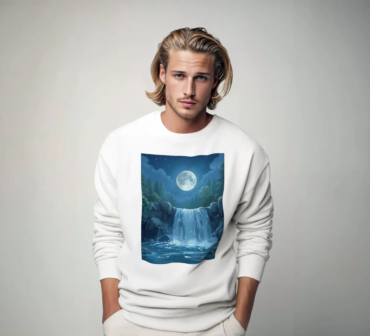 Cascata notturna e piscina illuminata dalla luna felpa da DesignDoodle