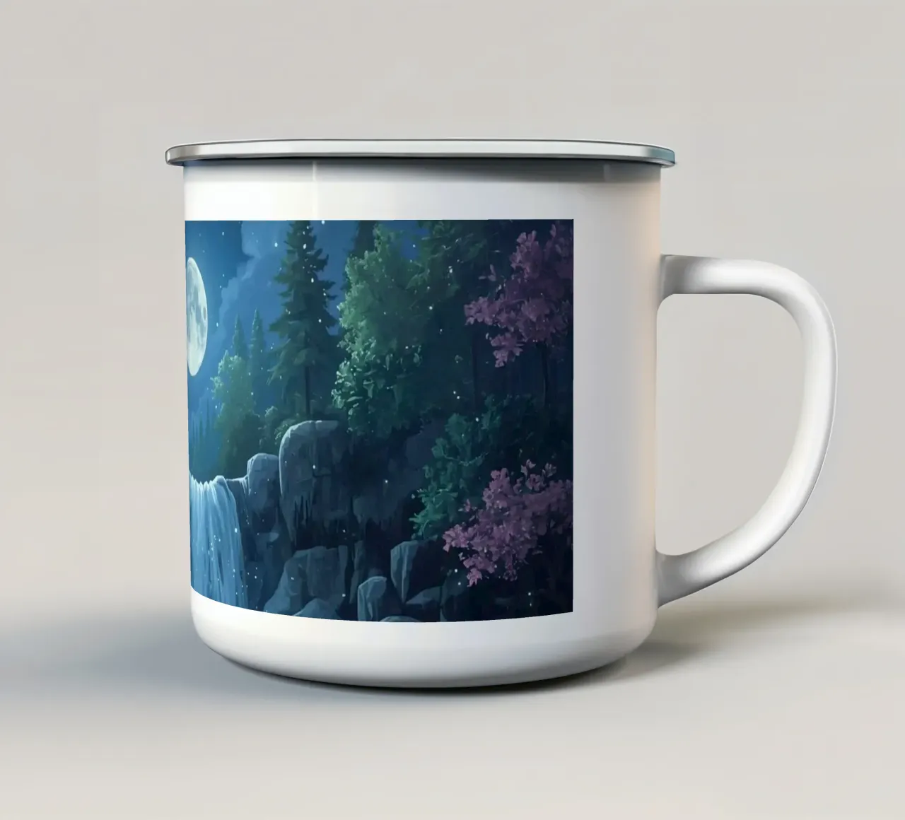 Cascata notturna e piscina illuminata dalla luna tazza in smalto da DesignDoodle