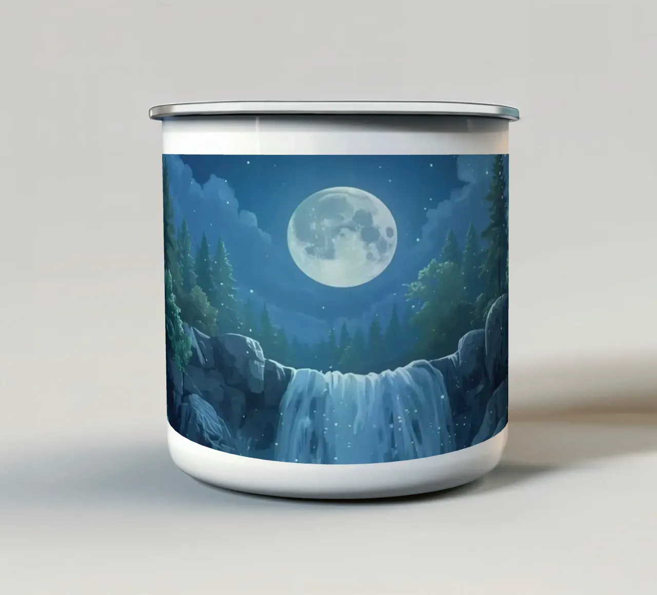 Cascata notturna e piscina illuminata dalla luna tazza in smalto da DesignDoodle