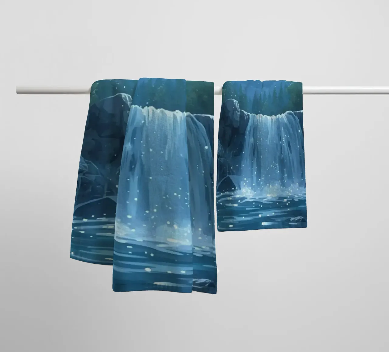 Nighttime Waterfall and Moonlit Pool towel by DesignDoodle