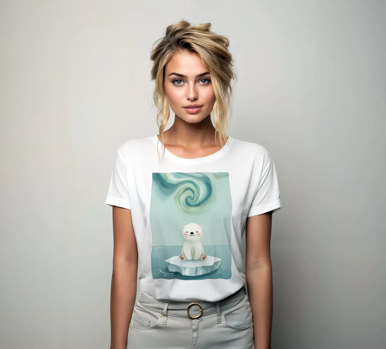 Piccolo orso polare su una banchisa con l'aurora boreale t-shirt da donna da DesignDoodle