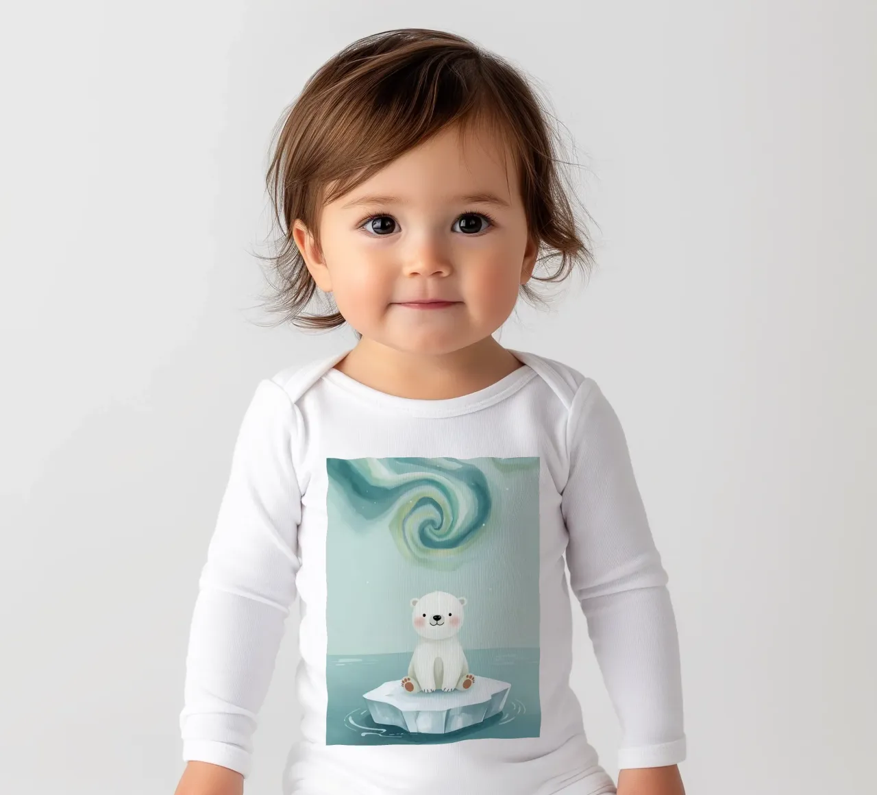 Piccolo orso polare su una banchisa con l'aurora boreale body neonato maniche lunghe da DesignDoodle