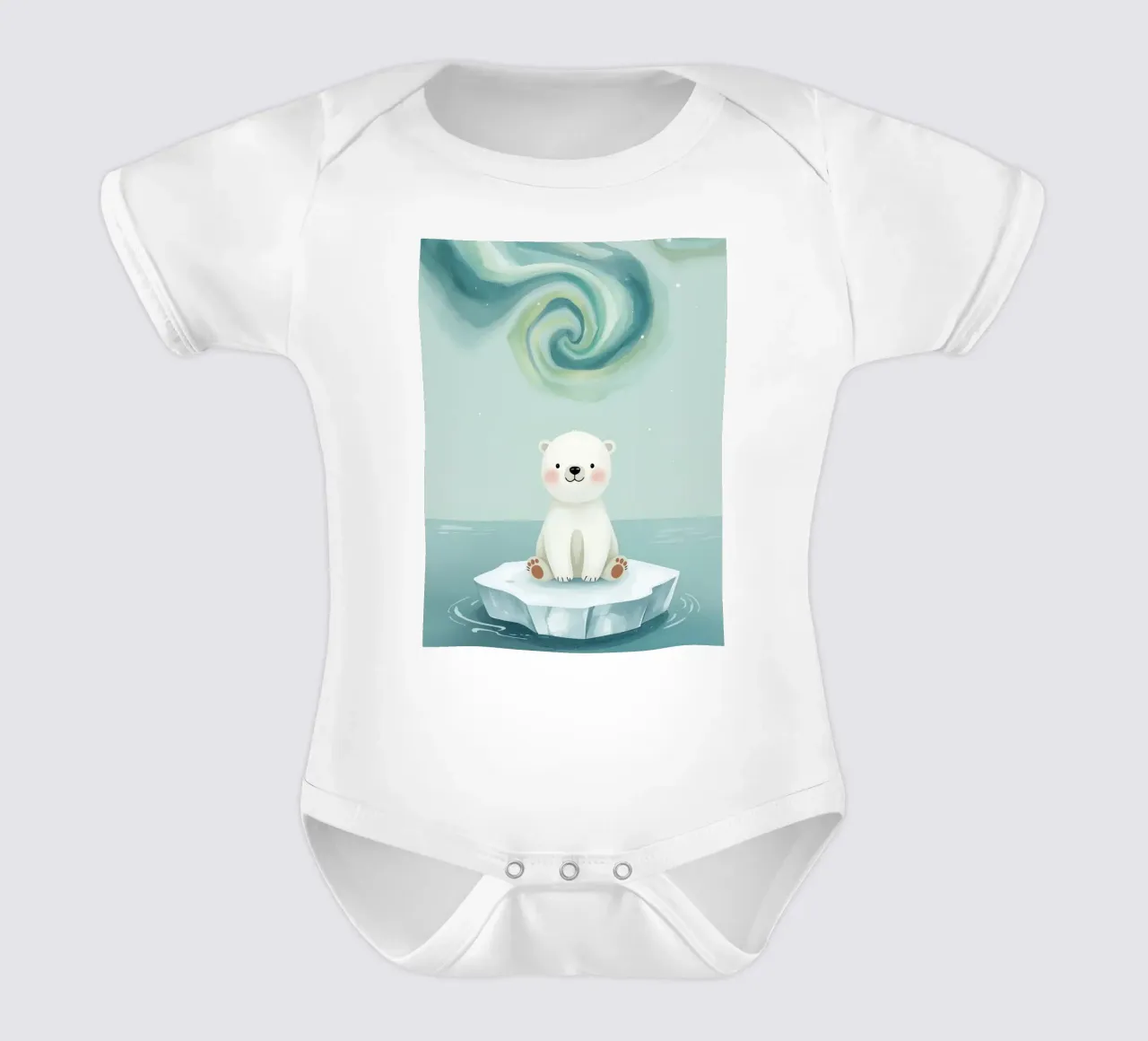 Kleine ijsbeer op ijsglijbaan met aurora borealis babyrompertje korte mouwen van DesignDoodle
