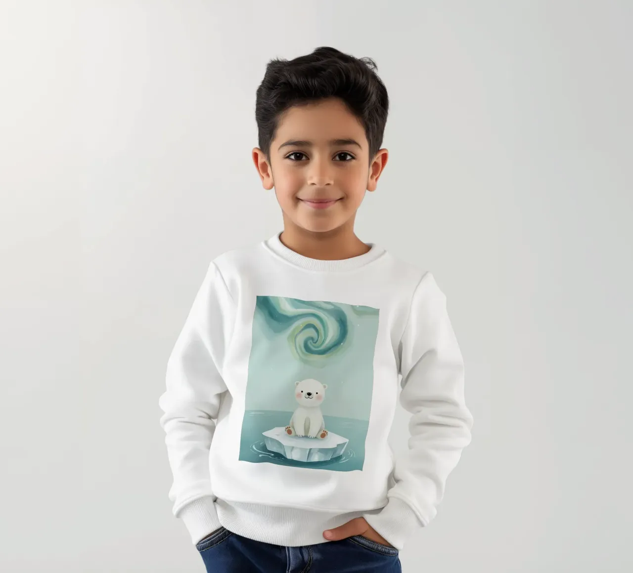 Piccolo orso polare su una banchisa con l'aurora boreale felpa bambino da DesignDoodle