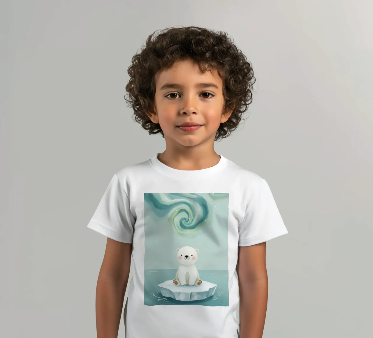 Piccolo orso polare su una banchisa con l'aurora boreale t-shirt bambini da DesignDoodle