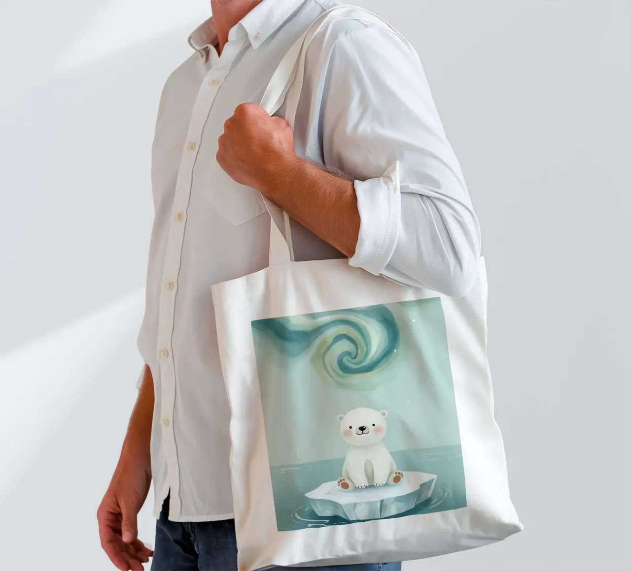 Piccolo orso polare su una banchisa con l'aurora boreale borsa in juta da DesignDoodle