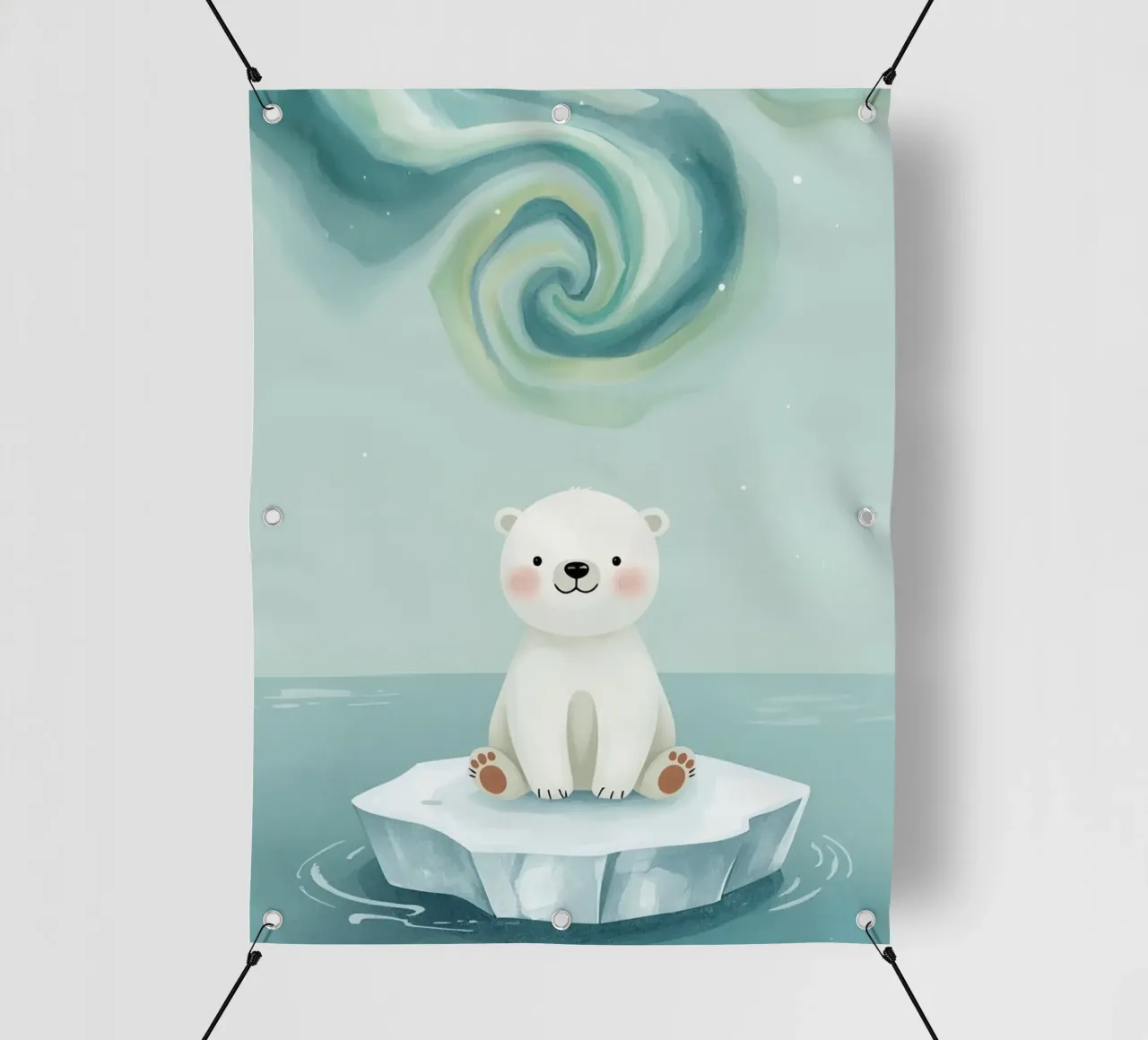 Piccolo orso polare su una banchisa con l'aurora boreale telo in pvc da DesignDoodle