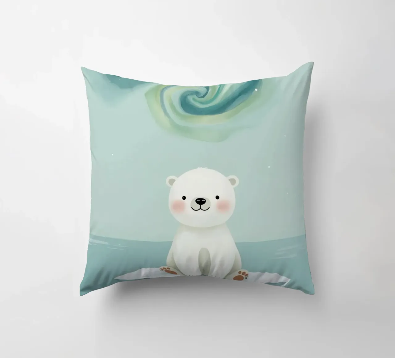 Piccolo orso polare su una banchisa con l'aurora boreale cuscino da DesignDoodle