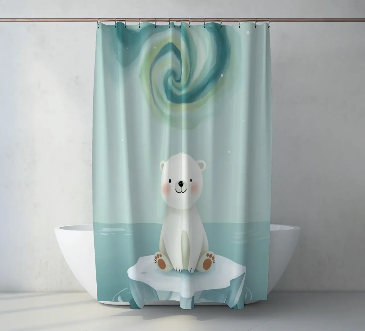 Kleiner Eisbär auf einer Eisscholle mit Aurora Borealis Duschvorhang von DesignDoodle