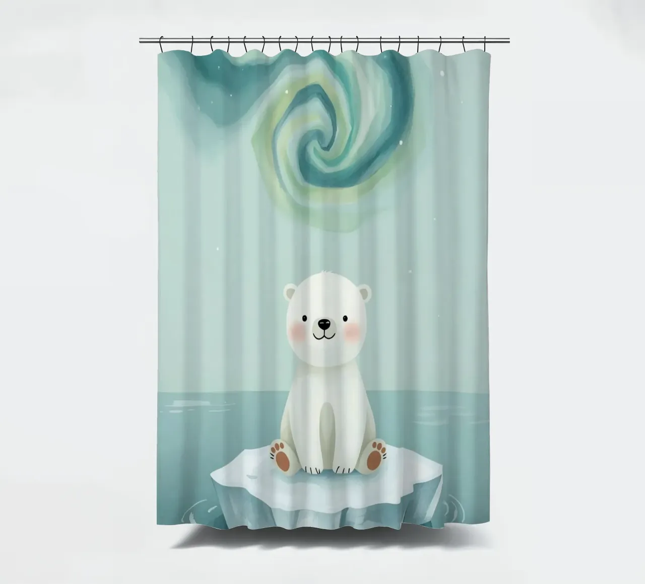 Kleiner Eisbär auf einer Eisscholle mit Aurora Borealis Duschvorhang von DesignDoodle