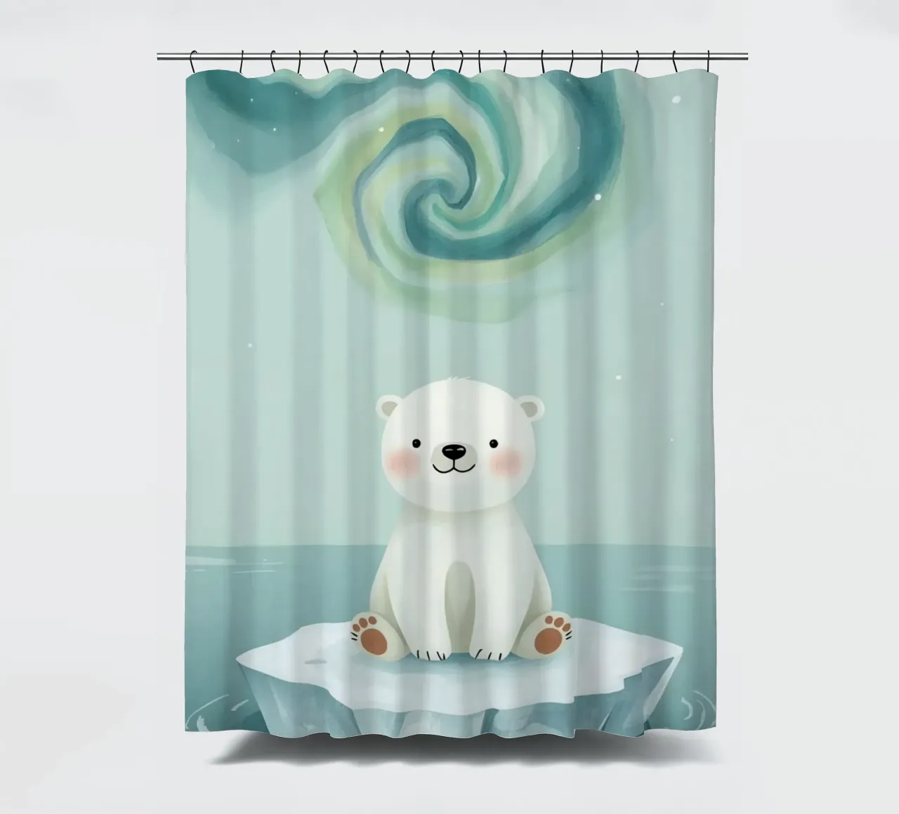 Kleiner Eisbär auf einer Eisscholle mit Aurora Borealis Duschvorhang von DesignDoodle