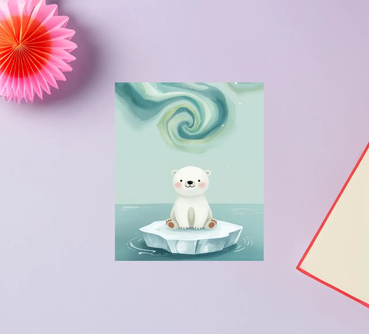 Piccolo orso polare su una banchisa con l'aurora boreale adesivo da DesignDoodle