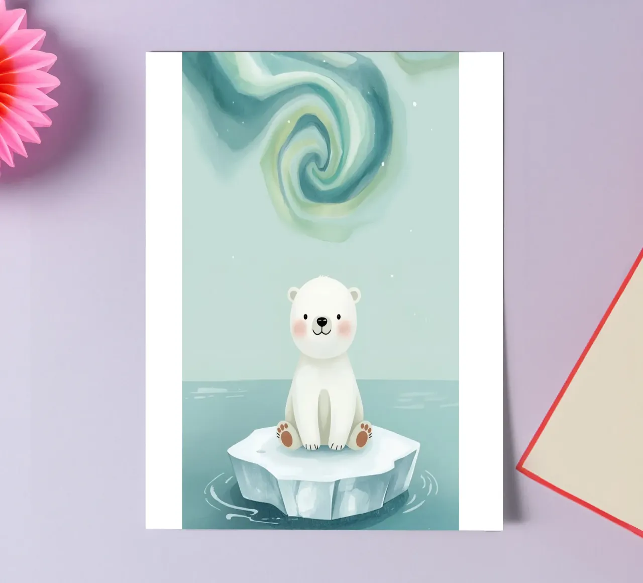 Kleiner Eisbär auf einer Eisscholle mit Aurora Borealis Stickerbogen von DesignDoodle