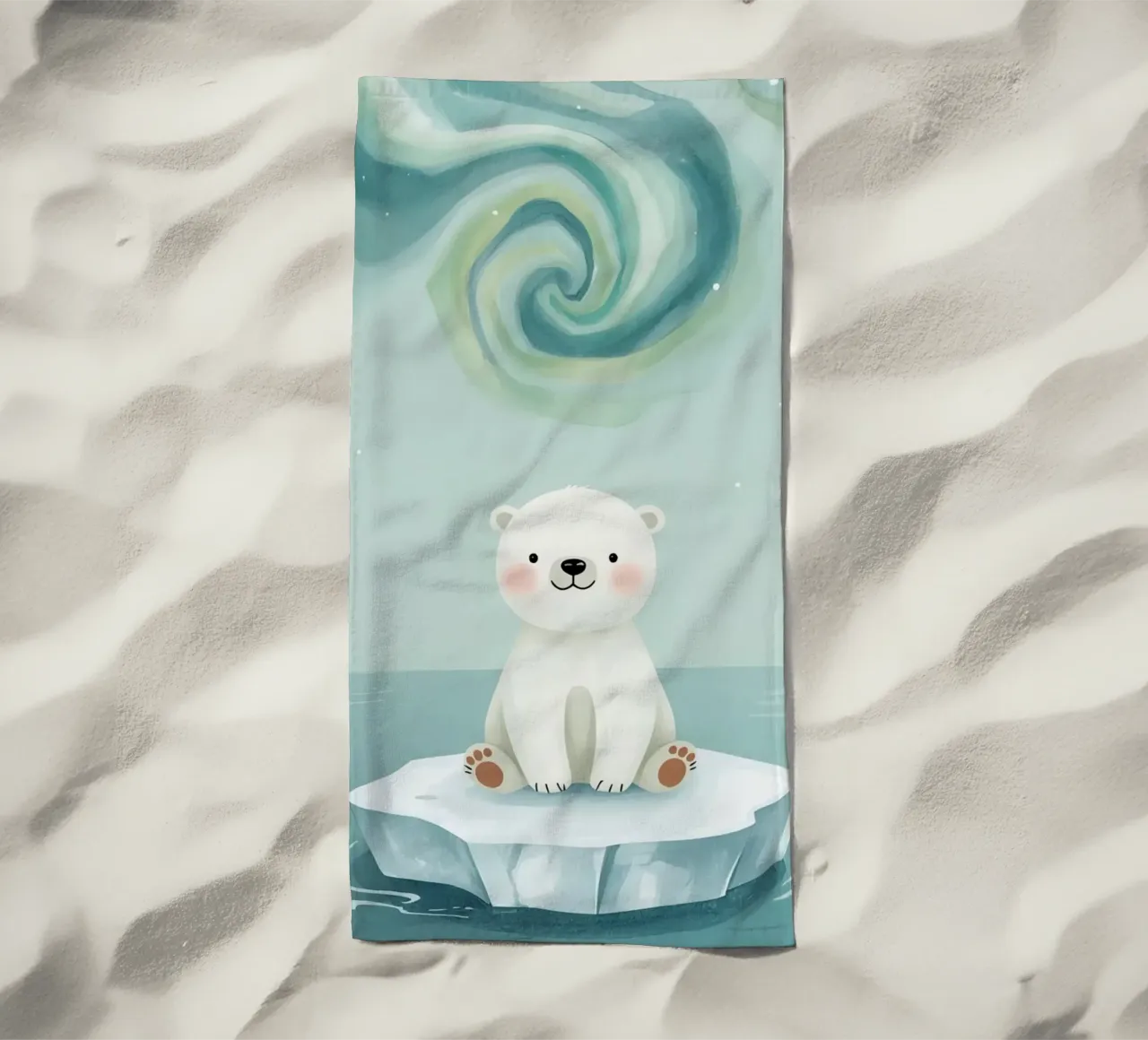 Piccolo orso polare su una banchisa con l'aurora boreale telo mare da DesignDoodle