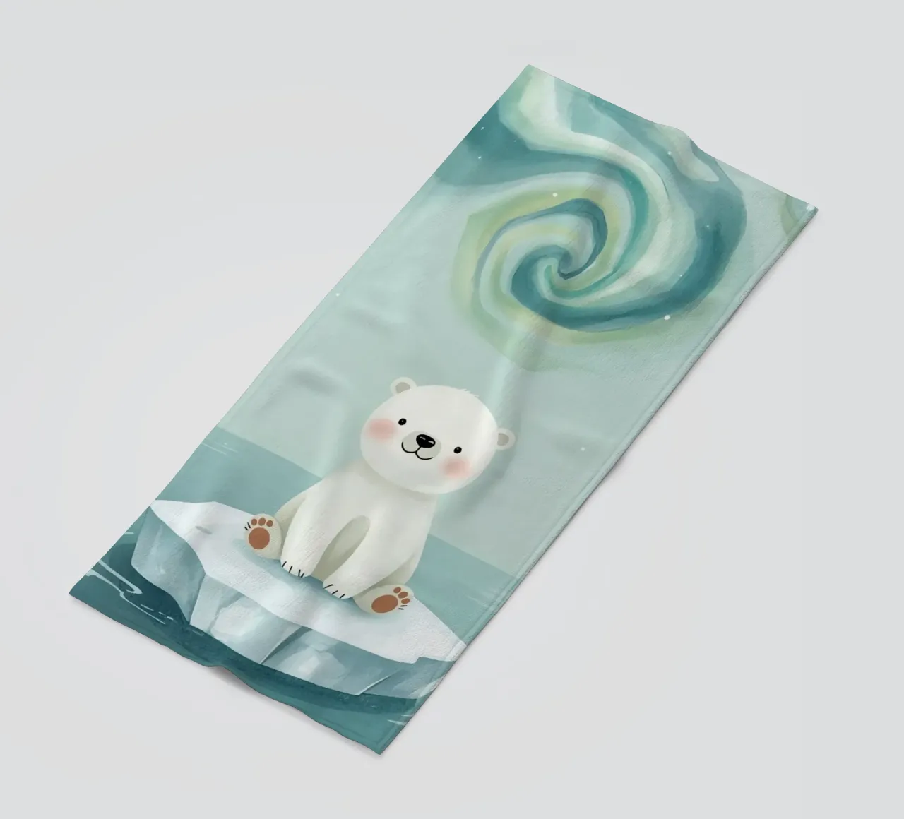 Piccolo orso polare su una banchisa con l'aurora boreale telo mare da DesignDoodle