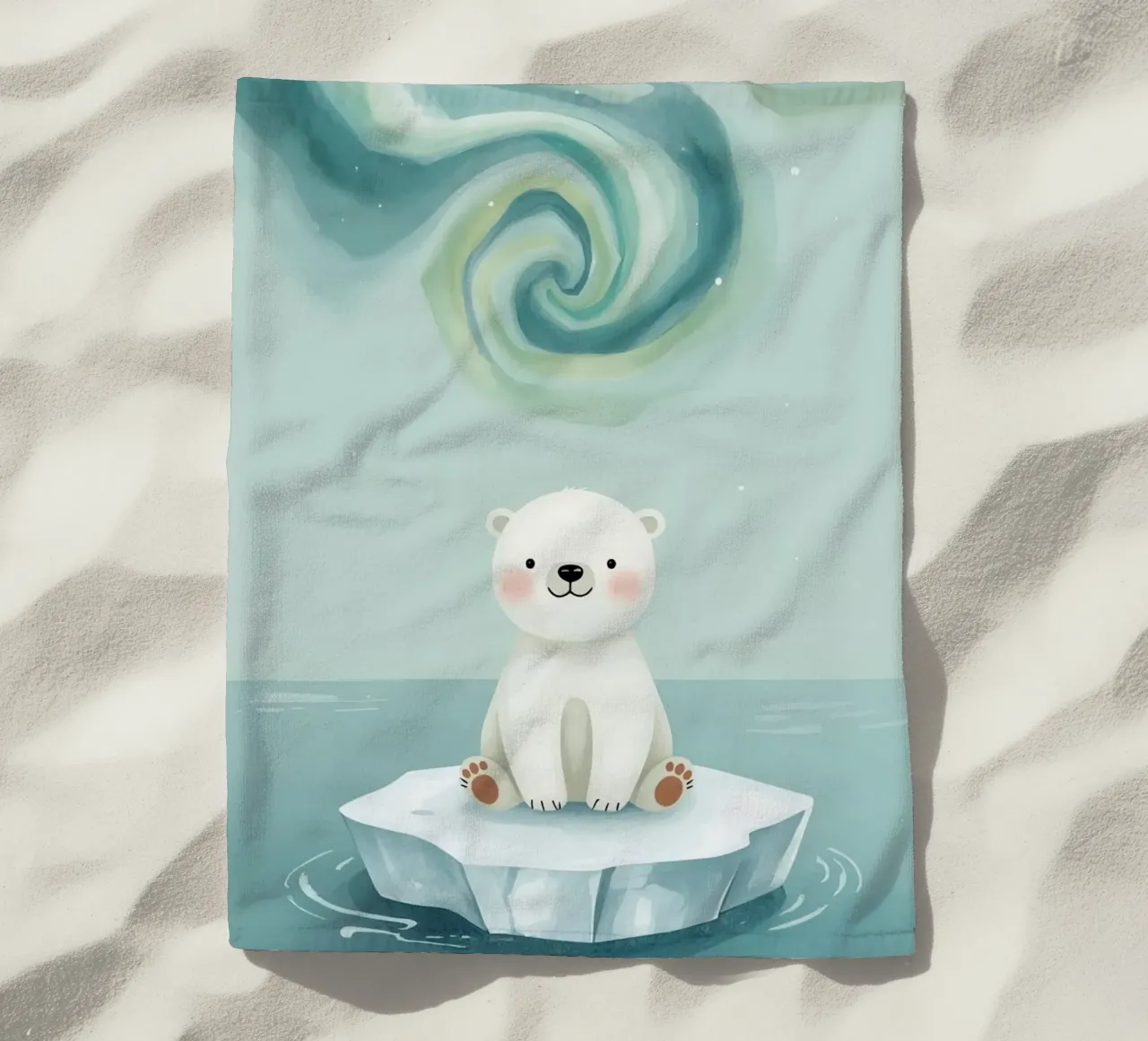Piccolo orso polare su una banchisa con l'aurora boreale telo mare da DesignDoodle