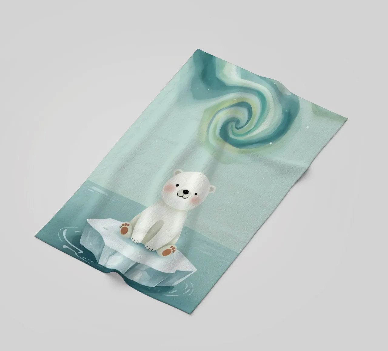 Piccolo orso polare su una banchisa con l'aurora boreale telo mare da DesignDoodle