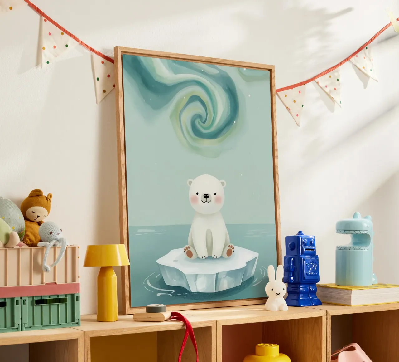 Piccolo orso polare su una banchisa con l'aurora boreale plexiglass da DesignDoodle