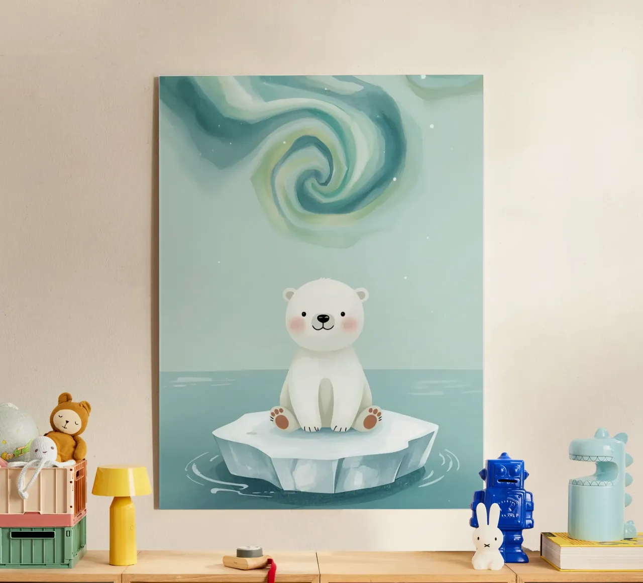 Piccolo orso polare su una banchisa con l'aurora boreale plexiglass da DesignDoodle