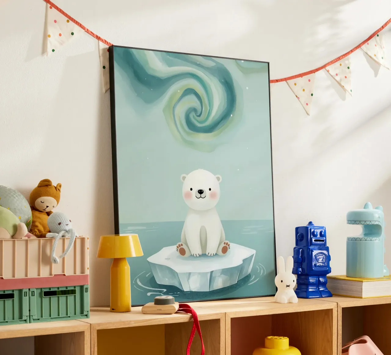 Piccolo orso polare su una banchisa con l'aurora boreale pannello forex da DesignDoodle