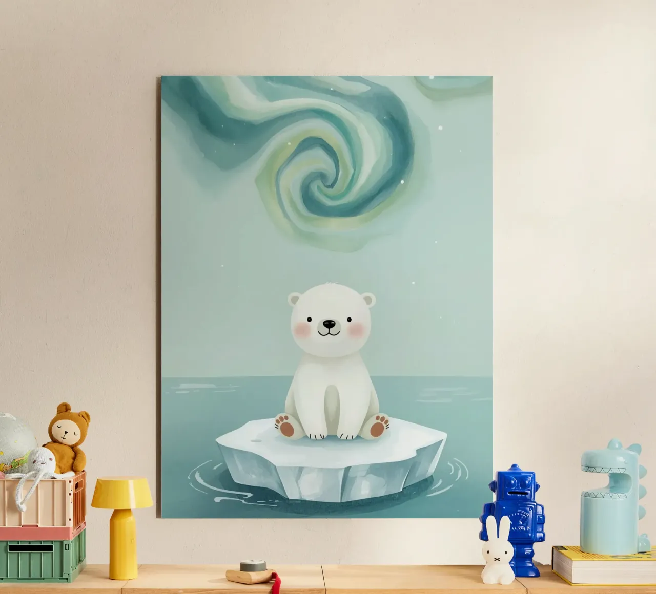 Piccolo orso polare su una banchisa con l'aurora boreale pannello forex da DesignDoodle