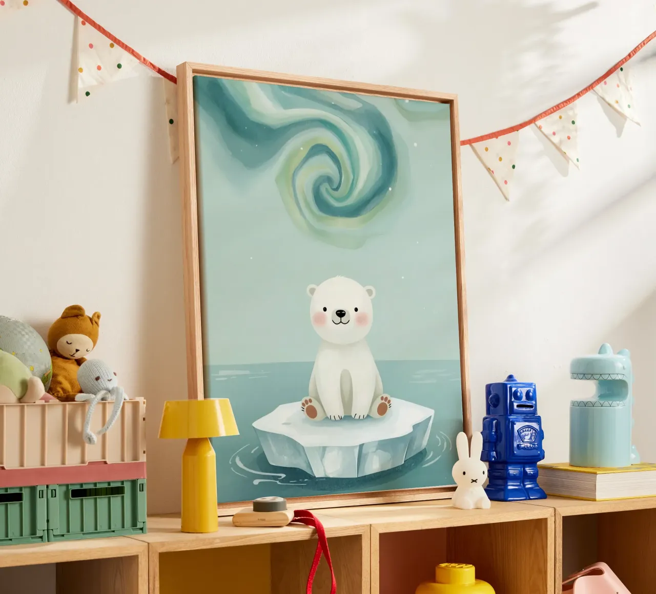 Piccolo orso polare su una banchisa con l'aurora boreale tela da DesignDoodle