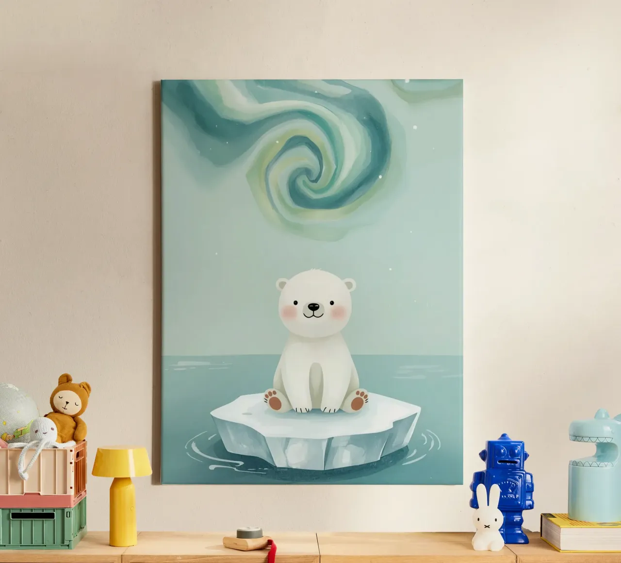 Piccolo orso polare su una banchisa con l'aurora boreale tela da DesignDoodle