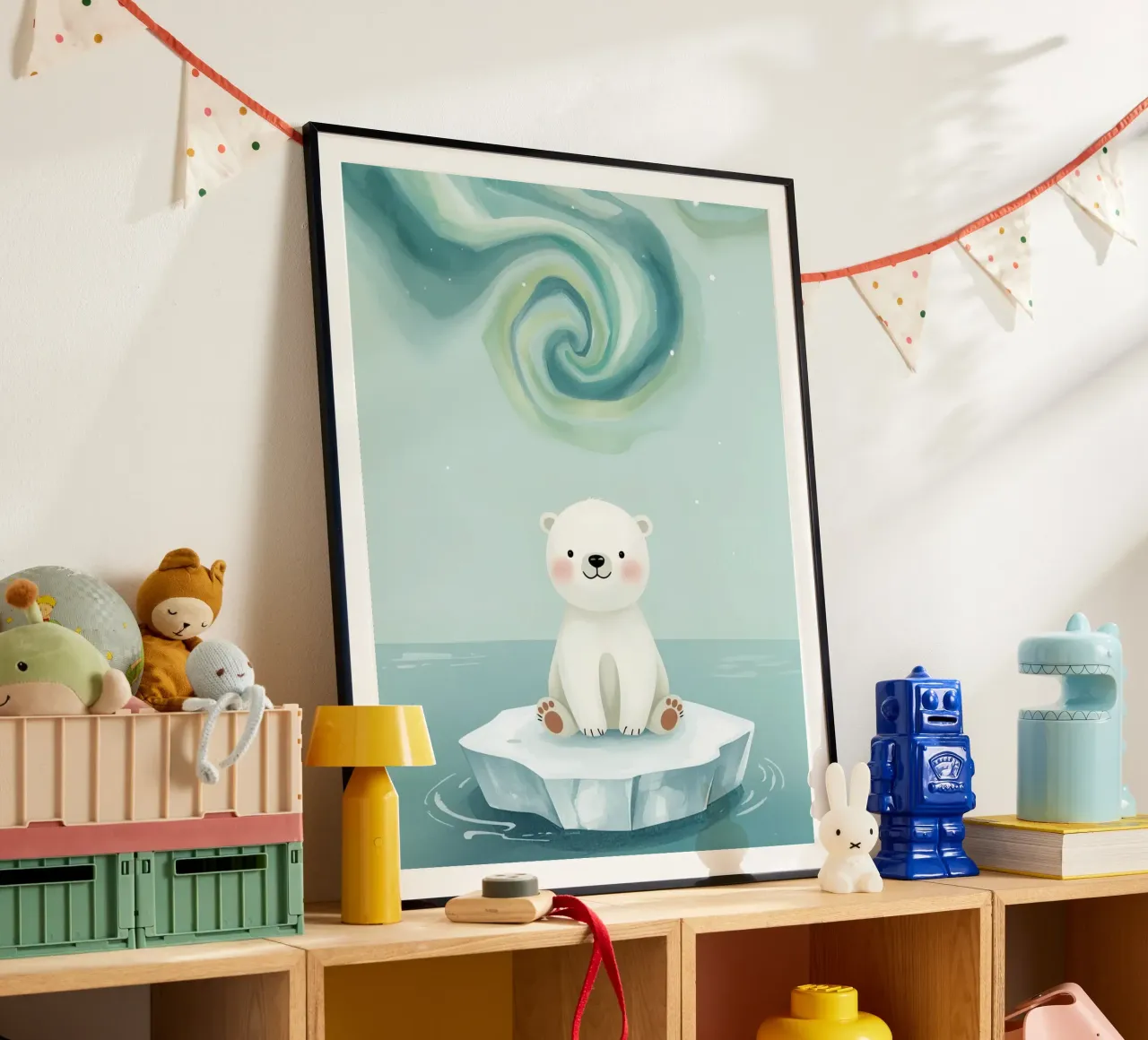 Piccolo orso polare su una banchisa con l'aurora boreale poster da DesignDoodle