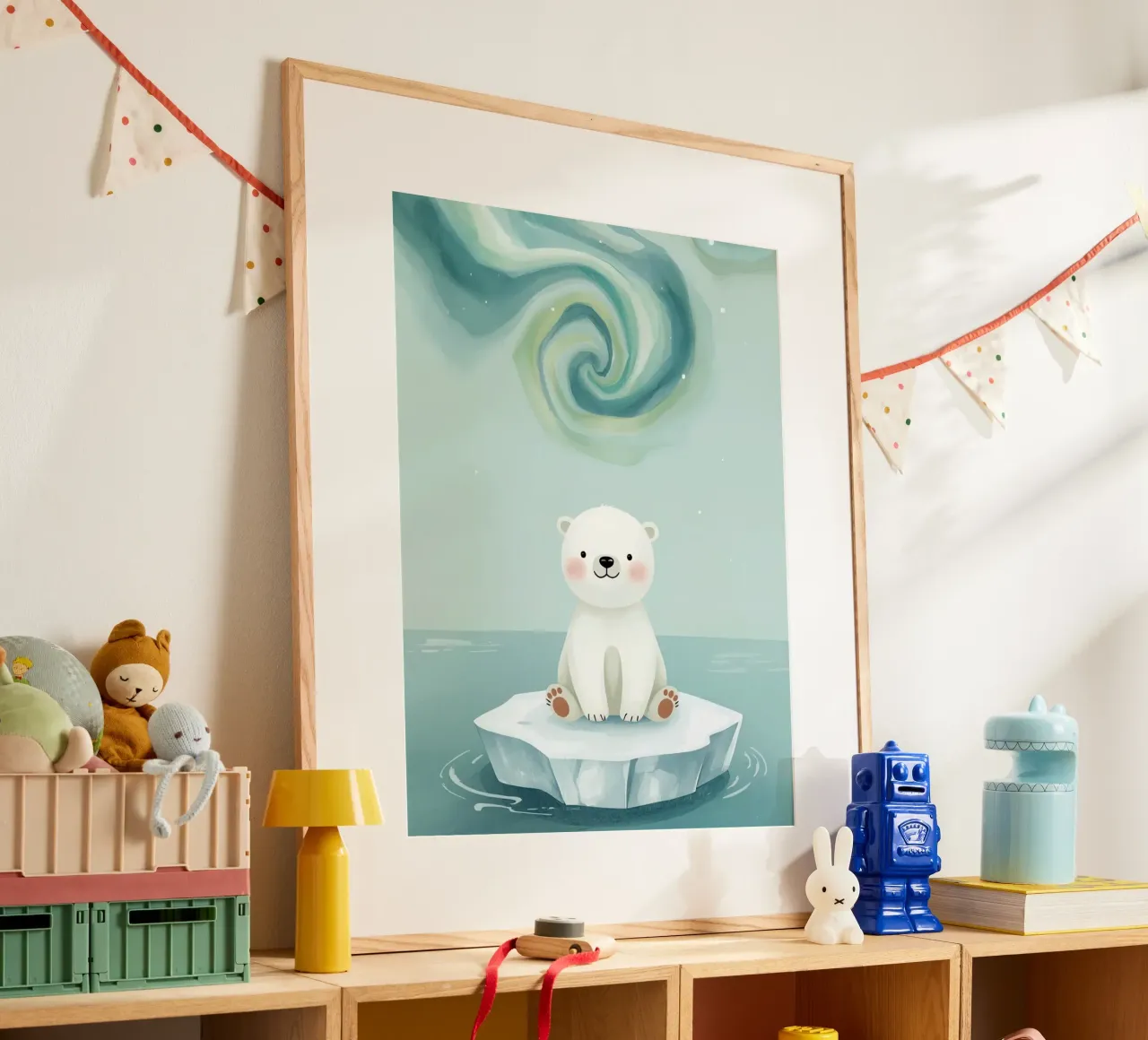 Piccolo orso polare su una banchisa con l'aurora boreale poster da DesignDoodle