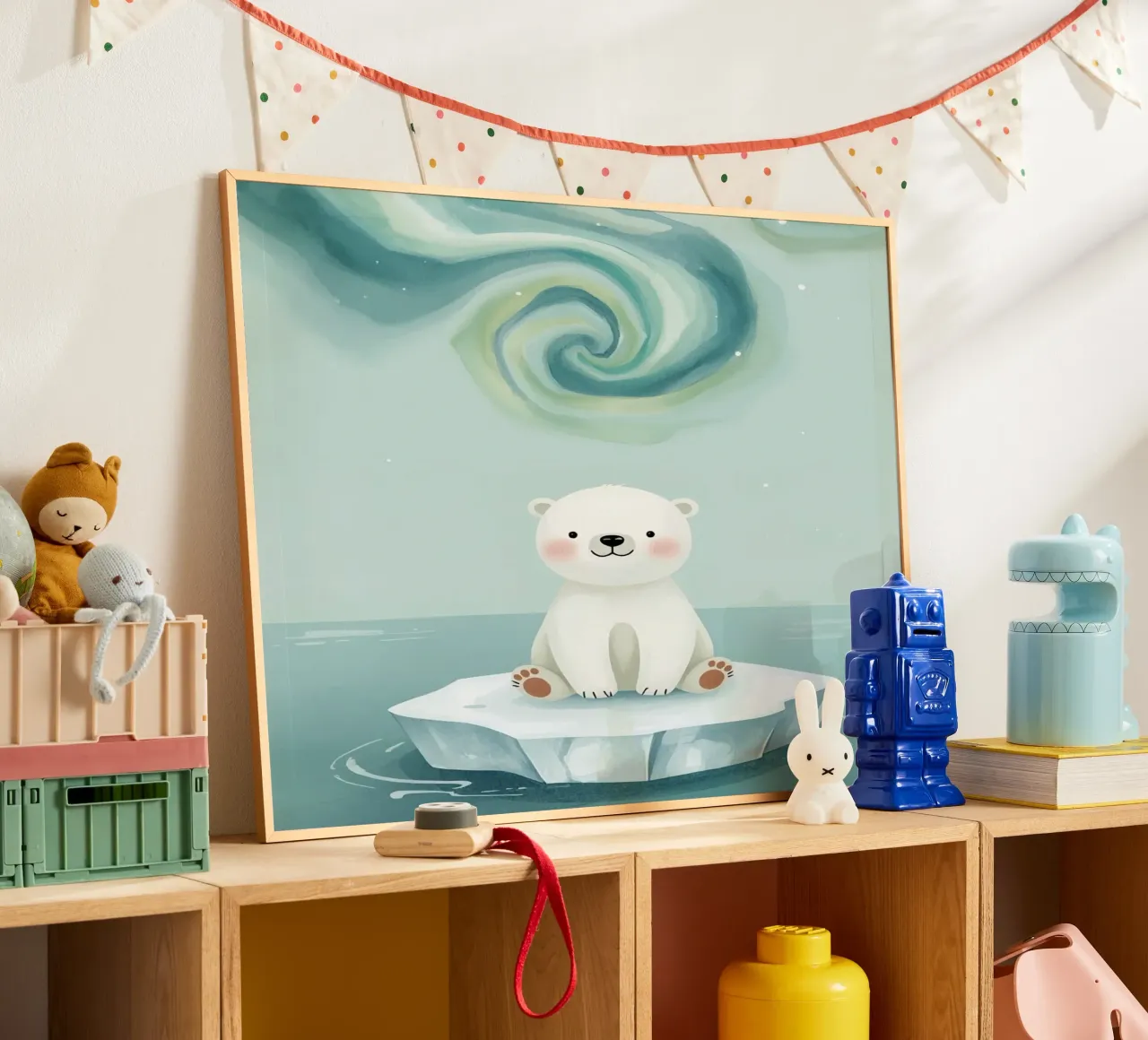 Piccolo orso polare su una banchisa con l'aurora boreale poster da DesignDoodle
