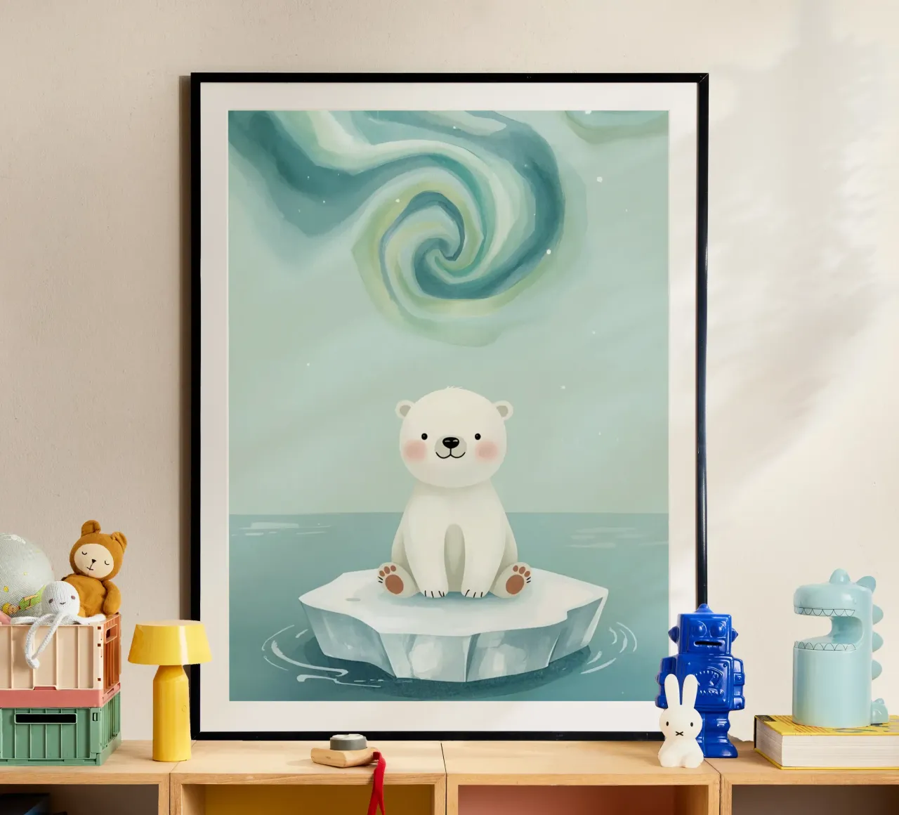 Piccolo orso polare su una banchisa con l'aurora boreale poster da DesignDoodle