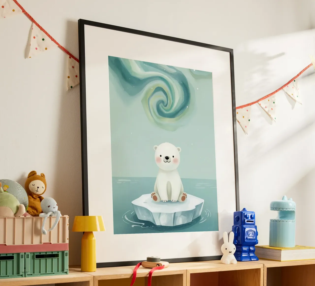 Piccolo orso polare su una banchisa con l'aurora boreale poster da DesignDoodle
