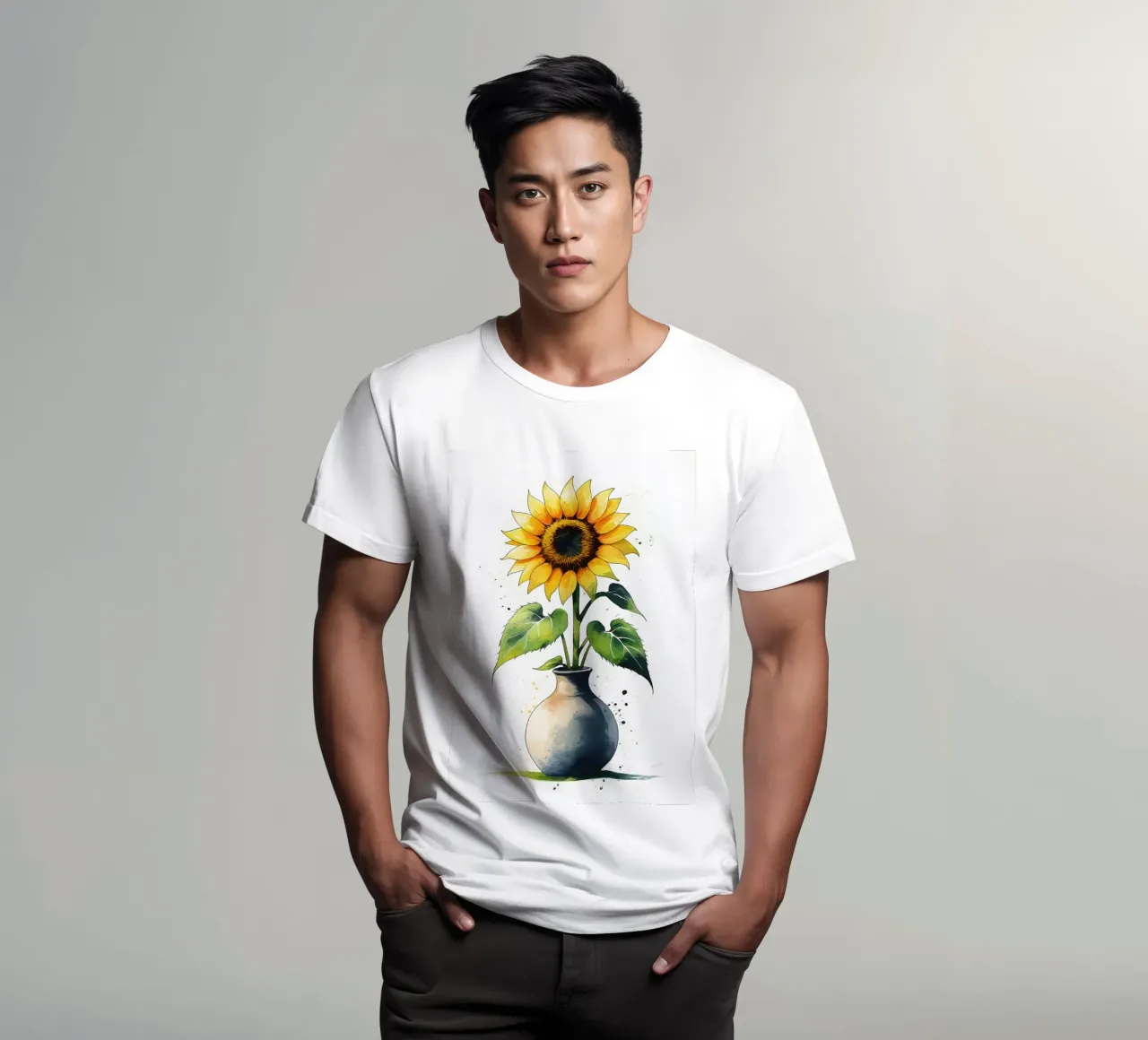Pittura digitale minimalista di un girasole in un vaso t-shirt da Bloom And Brush