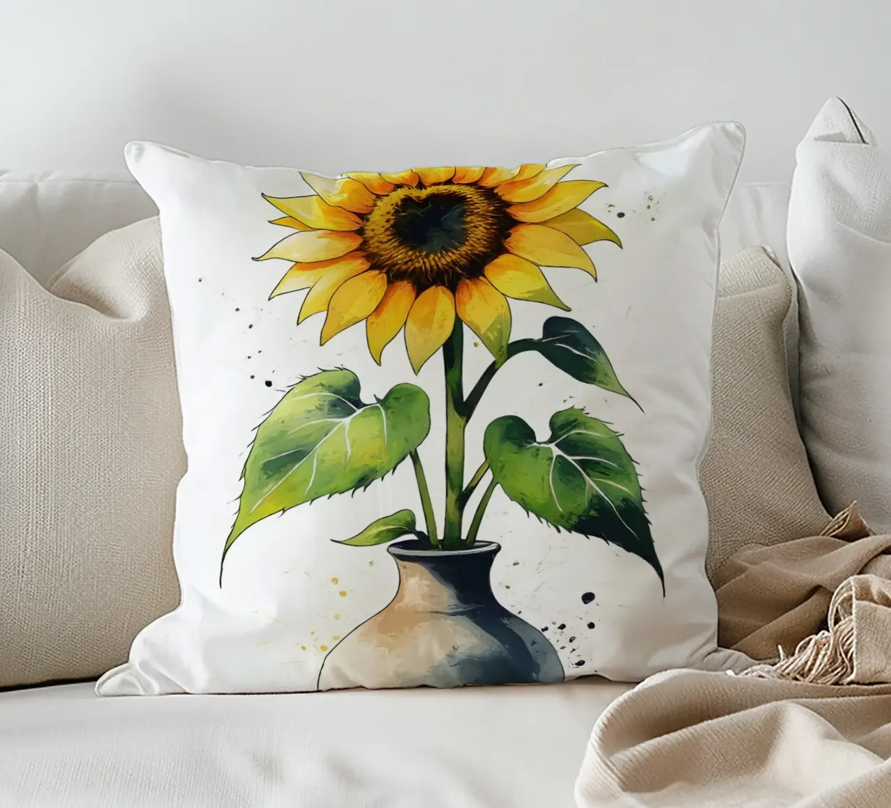 Pittura digitale minimalista di un girasole in un vaso cuscino da Bloom And Brush