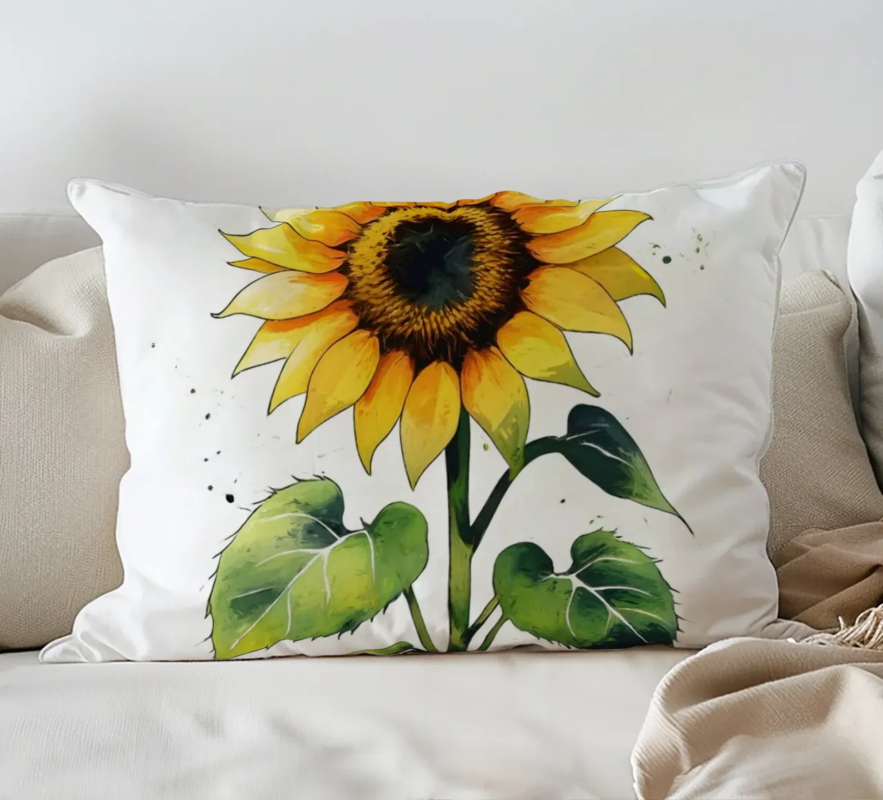 Pittura digitale minimalista di un girasole in un vaso cuscino da Bloom And Brush