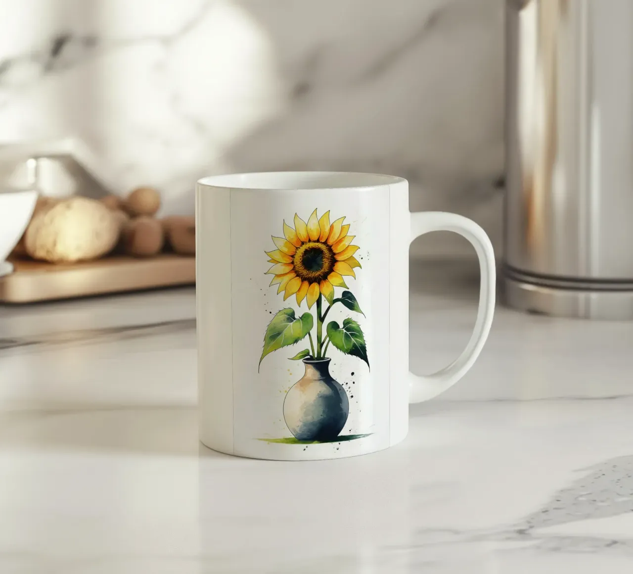 Pittura digitale minimalista di un girasole in un vaso tazza in ceramica da Bloom And Brush