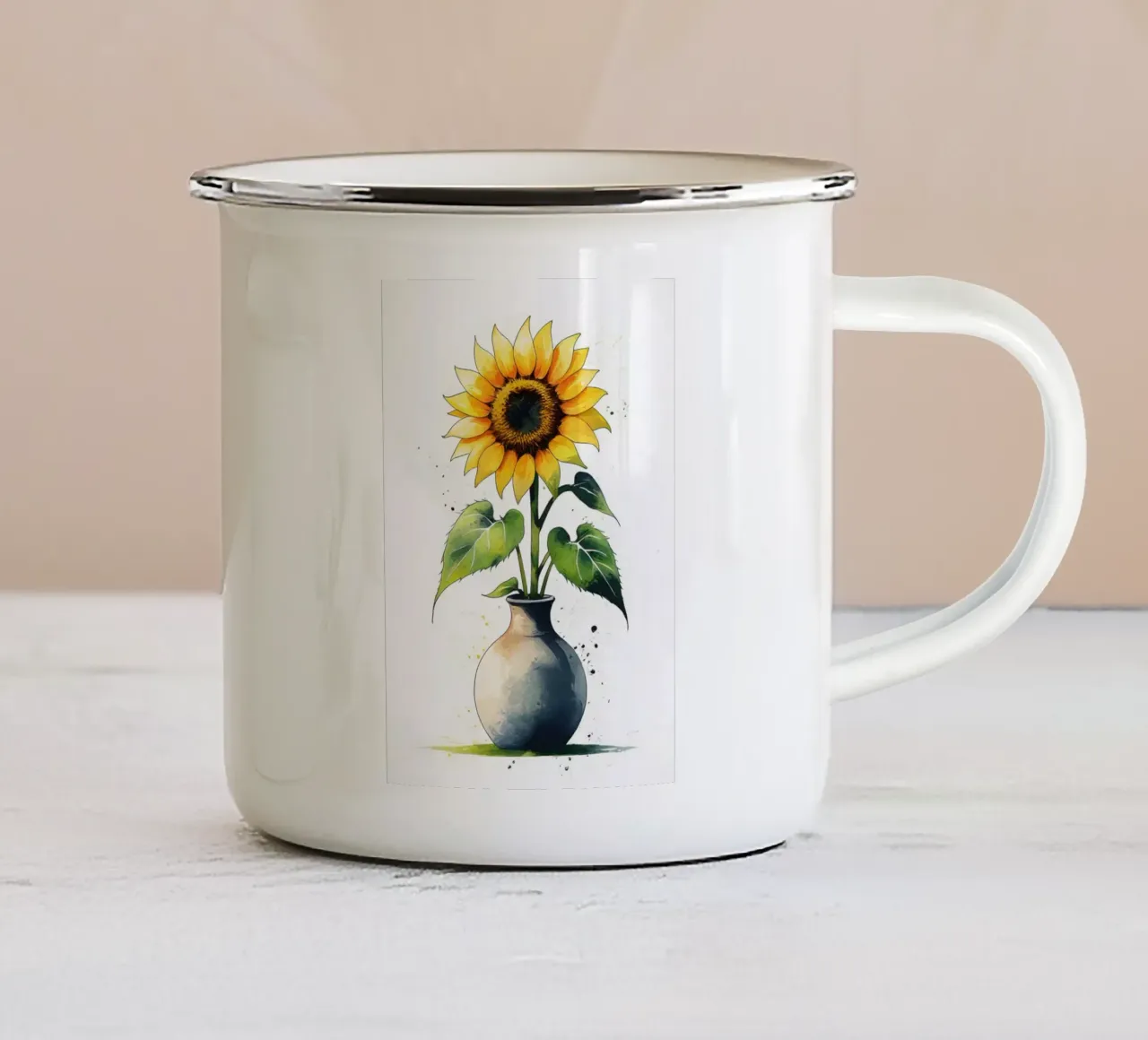 Pittura digitale minimalista di un girasole in un vaso tazza in smalto da Bloom And Brush