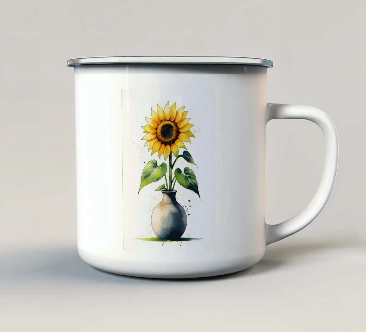 Pittura digitale minimalista di un girasole in un vaso tazza in smalto da Bloom And Brush