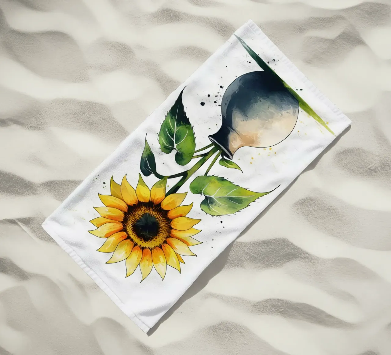 Pittura digitale minimalista di un girasole in un vaso telo mare da Bloom And Brush