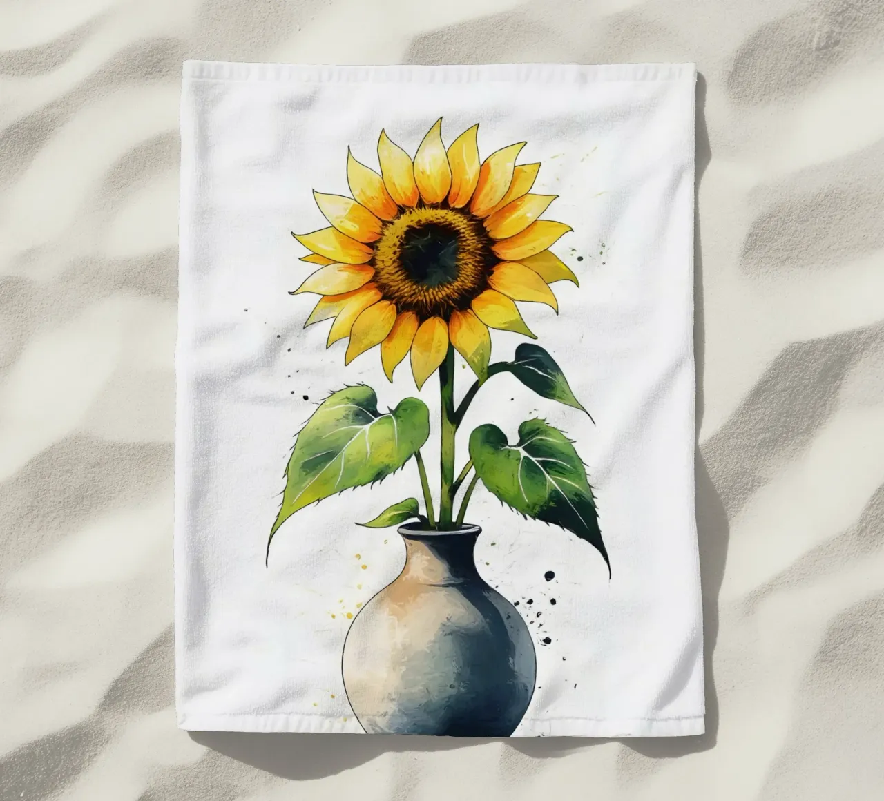 Pittura digitale minimalista di un girasole in un vaso telo mare da Bloom And Brush