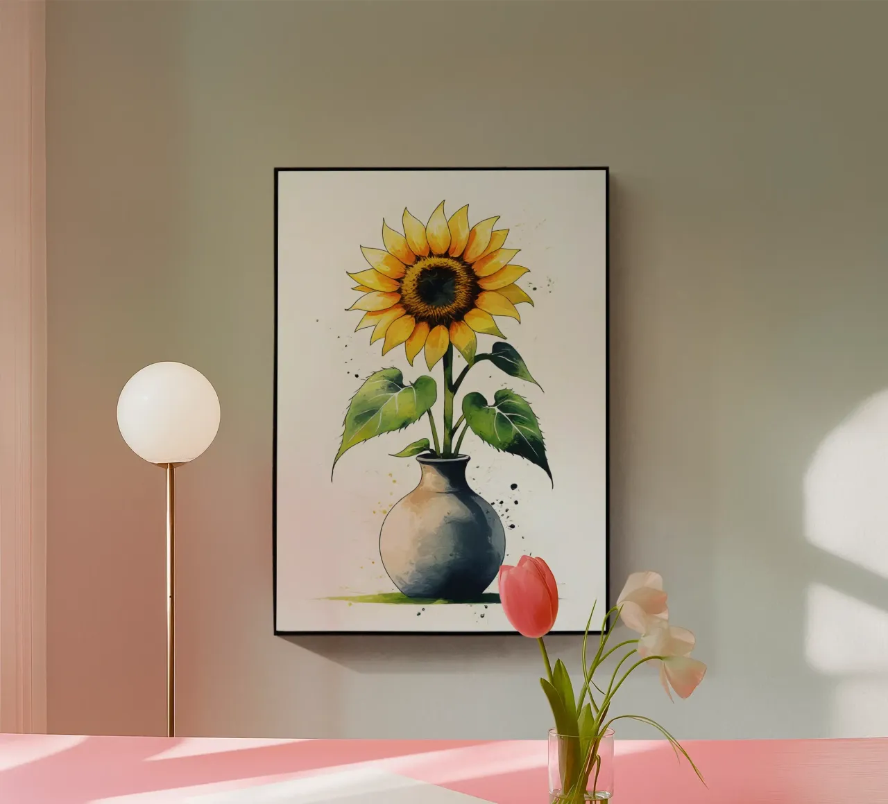 Pittura digitale minimalista di un girasole in un vaso plexiglass da Bloom And Brush