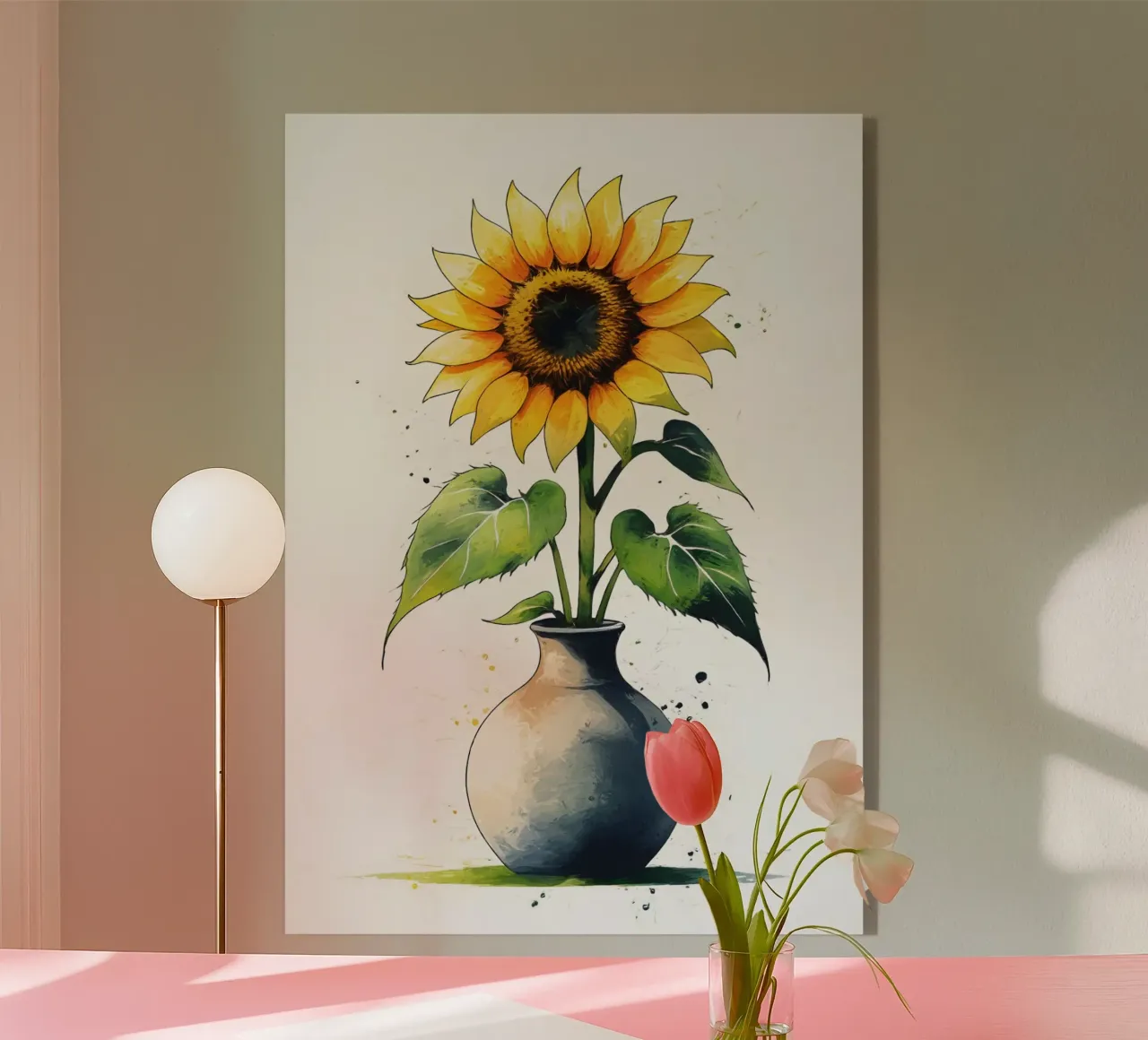 Pittura digitale minimalista di un girasole in un vaso plexiglass da Bloom And Brush