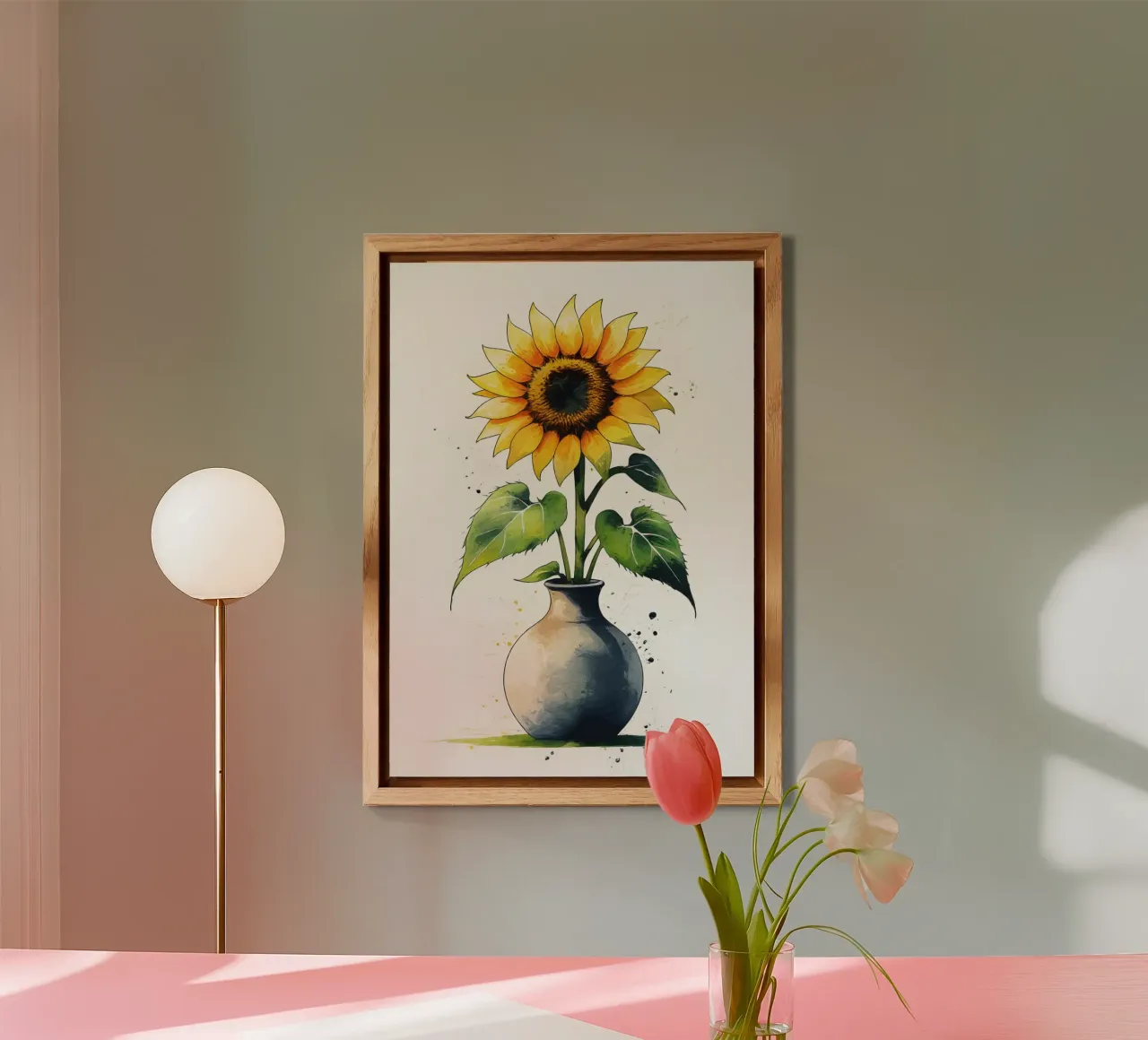 Pittura digitale minimalista di un girasole in un vaso alluminio dibond da Bloom And Brush